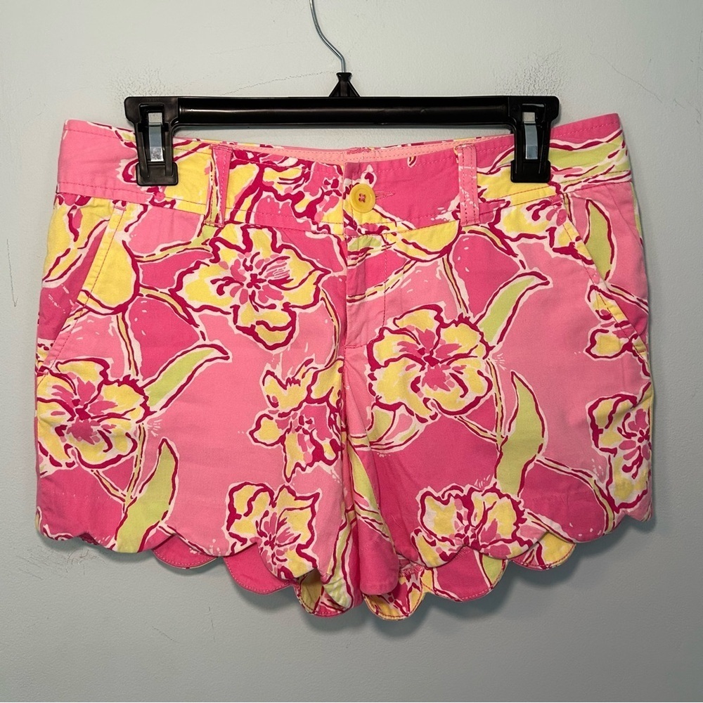 Lilly Pulitzer Pink & Yellow Floral Print Scalloped Edge Shorts Size 0